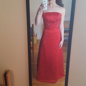 Red strapless prom dress